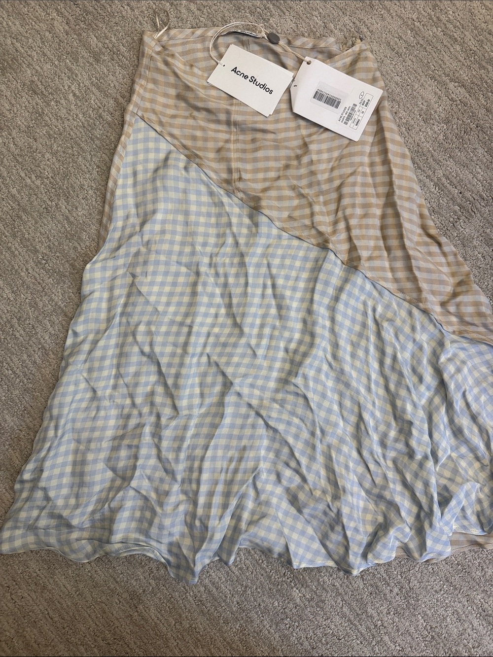Acne Two-Tone Gingham Asymmetrical Midi Skirt in Beige and Light Blue